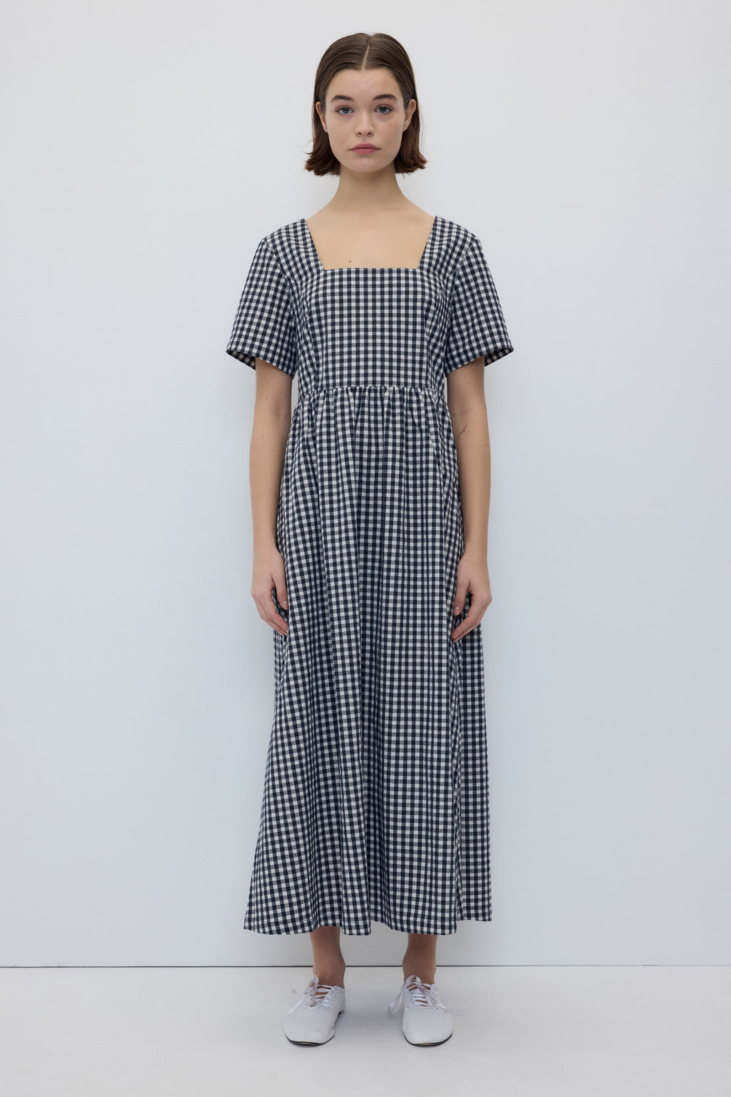 black and white checked dress Chrissie – Long Smocked Bodice DRESS-GOWNS lined bust Main SIZE:S (UK 4-8 / EU 37-42 / US 6-10) 2026 Prom Dresses Sheath